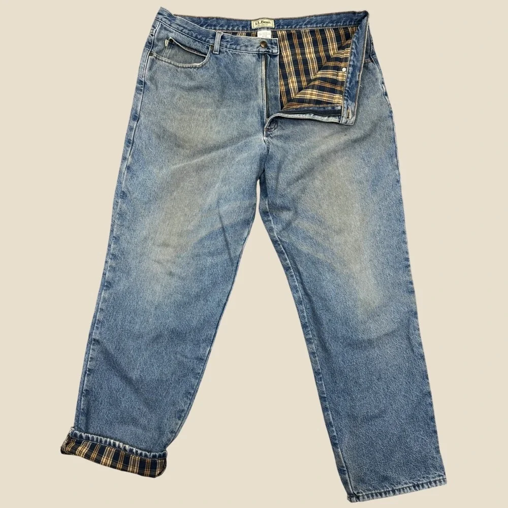 L.L. Bean Flannel Lined Jeans Men 42x34 Blue Relaxed Fit Denim Outdoor Workwear